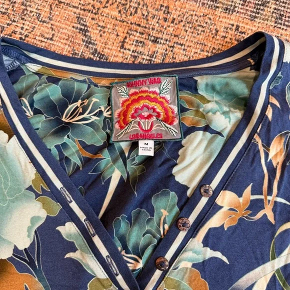 Johnny Was Janie Favorite Henley Peonee Blue Long Sleeve Floral Shirt Top - Picture 3 of 3